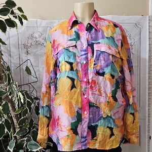 Ralph Lauren Watercolor Silk Blend Button Down Shirt Artistic Design Large NWOT